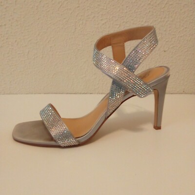 Jewel Bradley Mischka Rhinestone Silver Satin Ankle Toe Strap 1/2