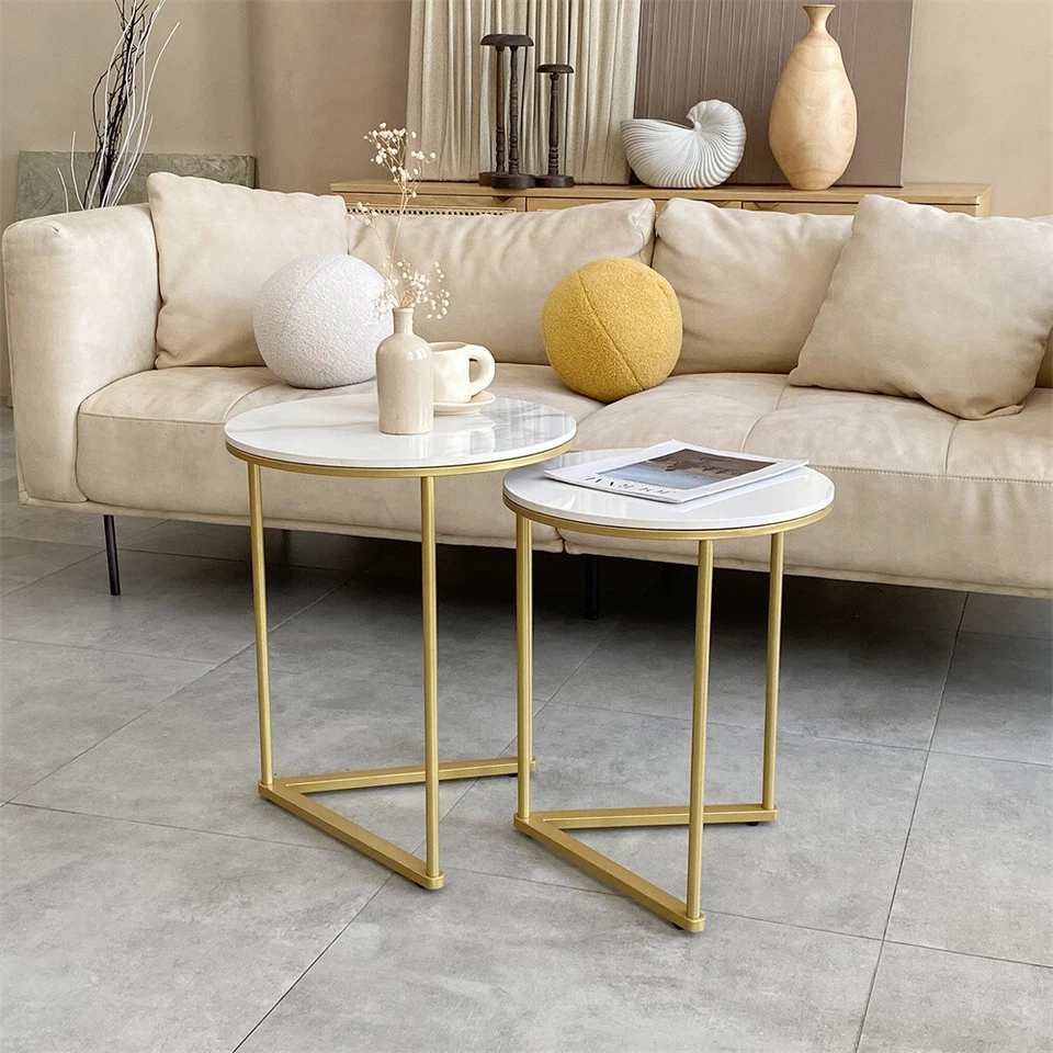 Gold Marble Nesting Side End Tables Set Of 2 Round Small Stacking Coffee Table - Image 4 of 4