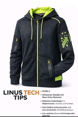 Linus Tech Tips Zip-Hoodie   Schwarz/Neon-Grün, Größe L