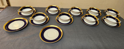 Vtg Rosenthal Selb Germany Helena 9 Soup Cup Bowls & 11 Saucers Cobalt Blue Gold