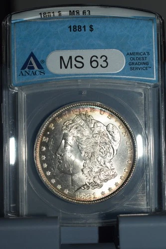 1881 P Morgan Silver Dollar ANACS MS63 Dual Side Blue Rim Toned