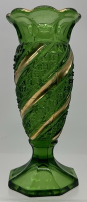 EAPG Green Pressed Glass Gold Gild Diamond Band Bud Vase 6  US Glass Co
