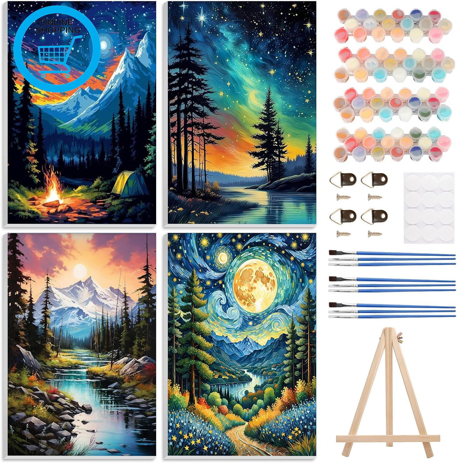4 Pack Paint by Numbers Kits for Adults Beginners with Framed Canvas&Easel, DIY