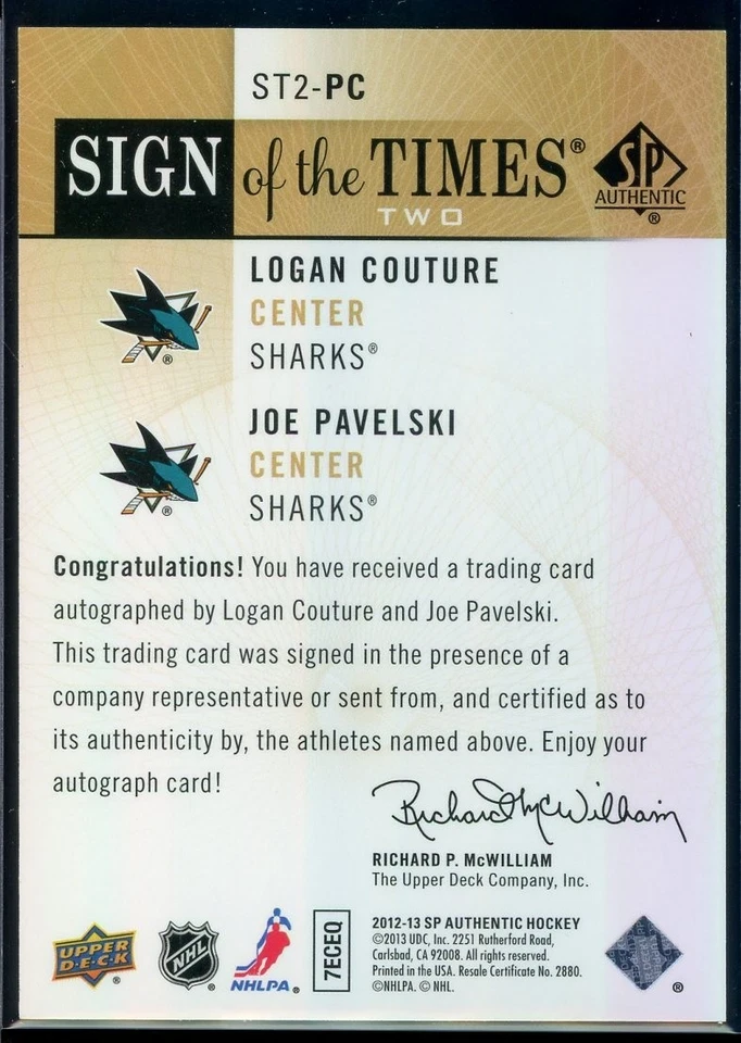 2012-13 SP Authentic Sign of the Times Duals #ST2PC Logan Couture/Joe Pavelski - Image 2 of 2
