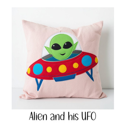 Applikation Patchwork Kissen Quilt Muster Vorlage. Alien und sein UFO
