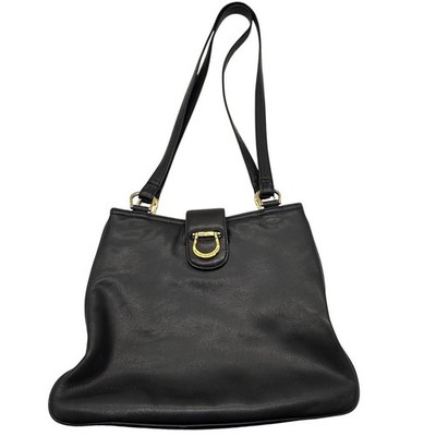 Etienne Aigner Black Leather Shoulder Bag Daks Buckle Gold Tone Hardware