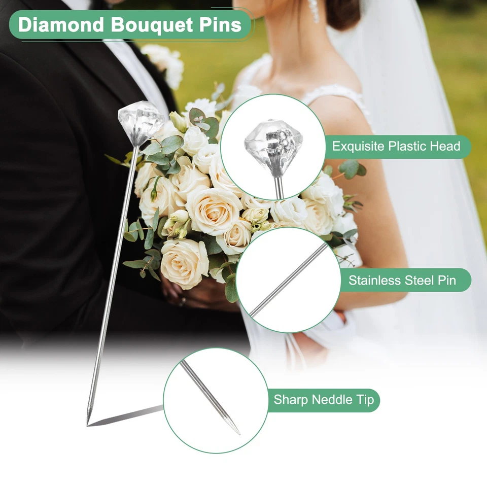Paquete de 200 alfileres ramilletes boutonnieres, alfiler recto transparente diamante de 3,8 cm para boda Foto 2 de 4