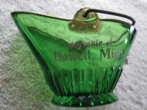Antique Souvenir Of Howell, Michigan, Green Glass Coal Scuttle