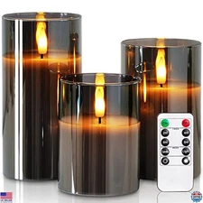 HOMEMORY Grey Glass LED Flameless Pillar Candles Set of 3, Battery Operated,