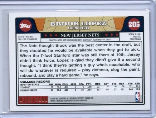 2008 Topps Basketball Brook Lopez ROOKIE RC Orange Border /1199 Nets Bucks VG - Picture 2 of 3