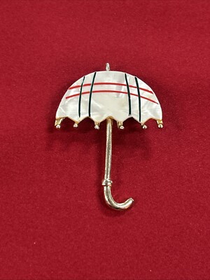 Parasol Umbrella Plaid Mother of Pearl MOP Vintage Silver Tone Brooch Pin