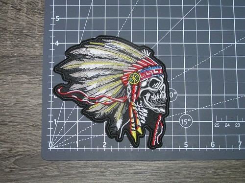 Indian Skull Chief Head Dress Motorcycle Embroidered Iron On Patch 4.75" x 4.25" - Picture 2 of 2