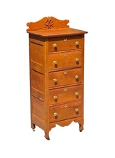 ANTIQUE VICTORIAN OAK FIVE DRAWER LINGERIE CHEST WITH SCROLLED & CARVED GALLERY