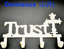 10" NEW! Religious TRUST Metal Wall 4 Hook KEY Holder CROSS Home Wall Decor