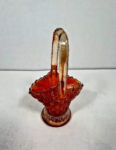 Dugan Carnival Iridescent Glass Marigold Orange Handled Basket Weave Vintage EC