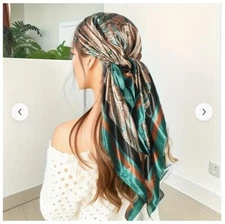 35.4 In. Green and brown Boho Paisley Satin like Silky Head Scarf-New! unique