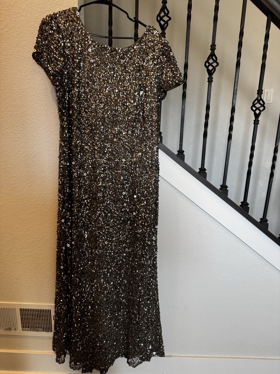 Adrianna Papell Sequin Beaded 5ftLong Gown Metalic Short Sleeve Evening  Dress L | eBay