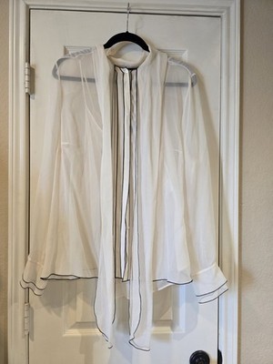 Rena Lange Women's Silk Long Sleeve Neck Tie Cream Black Blouse Size 16