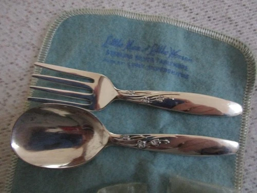 Vintage Sterling Silver Lunt Baby Spoon Fork Set Floral With Pouch 4'' & 4.25''