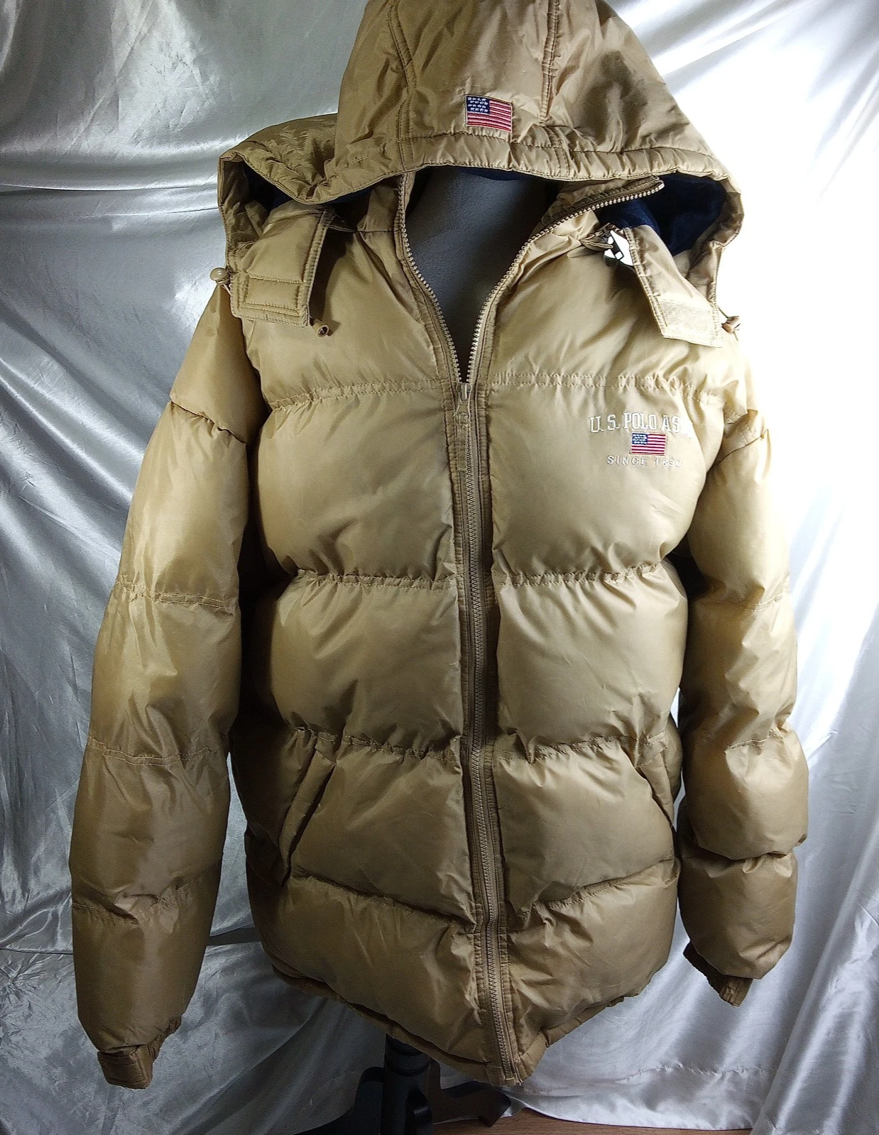 U.S. POLO ASSN TAN REMOVABLE HOOD FLEECE LINED PUFFER JACKET SIZE M