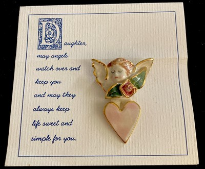 #ad #ad ExClaymations Daughter Angel Heart Brooch Pin w 22 K Gold Trim Art To Wear VTG $15.00