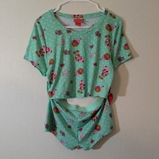 NEW Strawberry Shortcake Pajama Set Women  s L Green Polka Dot Top  Shorts NWT