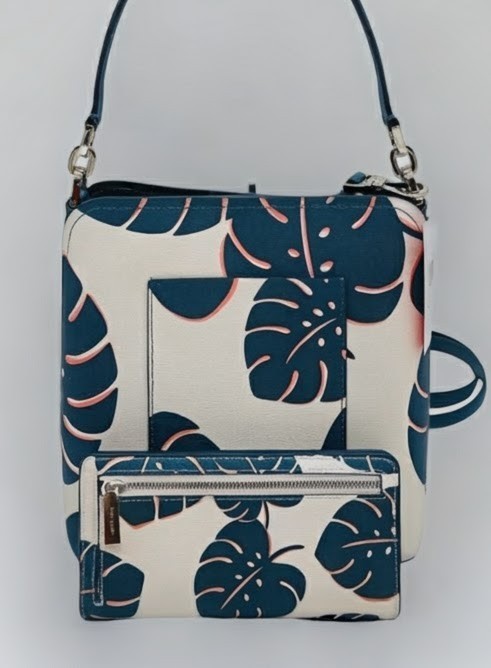 NEW Kate Spade 2pc SET Small Bucket bag & Bifold Wallet Monstera green Leaves thumbnail 2