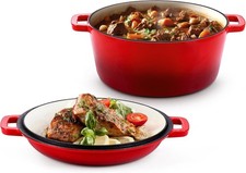 2 in 1 Enameled Cast Iron Dutch Oven, 5 QT Pot & 2 Quart Skillet Lid Pan, Non-St