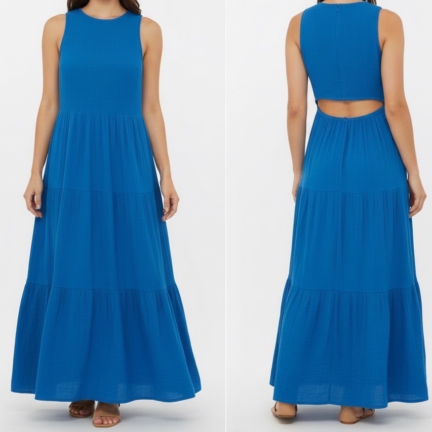 ME+EM Blue Textured Smocked Tiered Gauze Maxi Dress Cutout Back Size US 12 | eBay ME+EM Blue Textured Smocked Tiered Gauze Maxi Dress Cutout Back Size US 12 | eBay