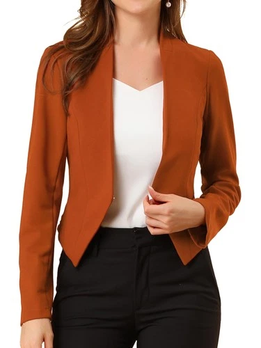 Allegra K Women’s Collarless Cropped Blazer Work Casual Jacket – Brown L