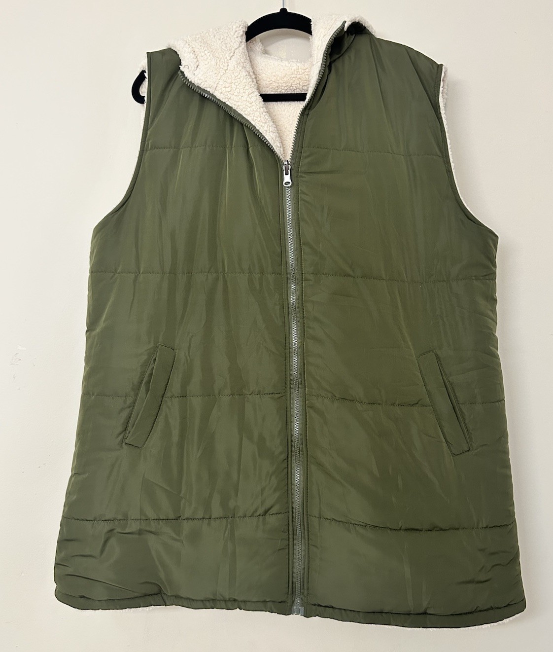 ECOWISH Long Vest Size XL Fleece Lined Warm Dark Green Hood Zip Front