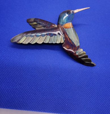 Vintage Copper Enamel Hummingbird Brooch Pin Hand Painted Flying Bird Jewelry