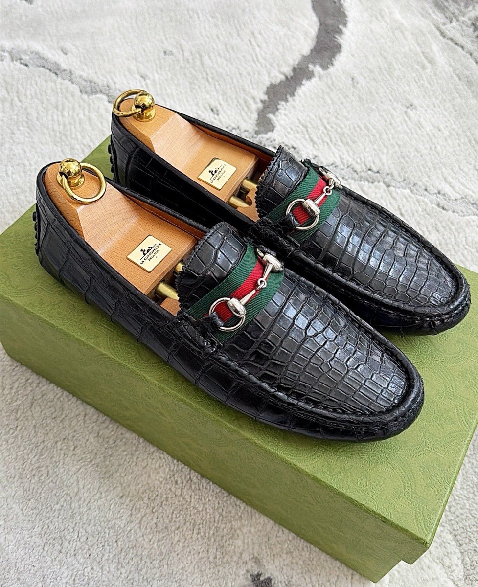 Authentic Gucci Web Black Alligator/Croc Embossed Mens Loafer US10