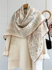  Women's 60% Cashmere 40% Silk Winter Scarf, 53" Double Face Print Shawl