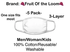 5 White Reusable Wash Face Mask Soft Cotton 3 Layers Face Mask FRUIT OF THE LOOM