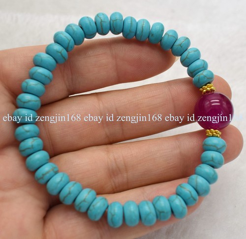 Natural 5x8mm Blue Turquoise & 14mm Rose Red Jade Gemstone Elastic Bracelet 7.5" - Picture 3 of 12