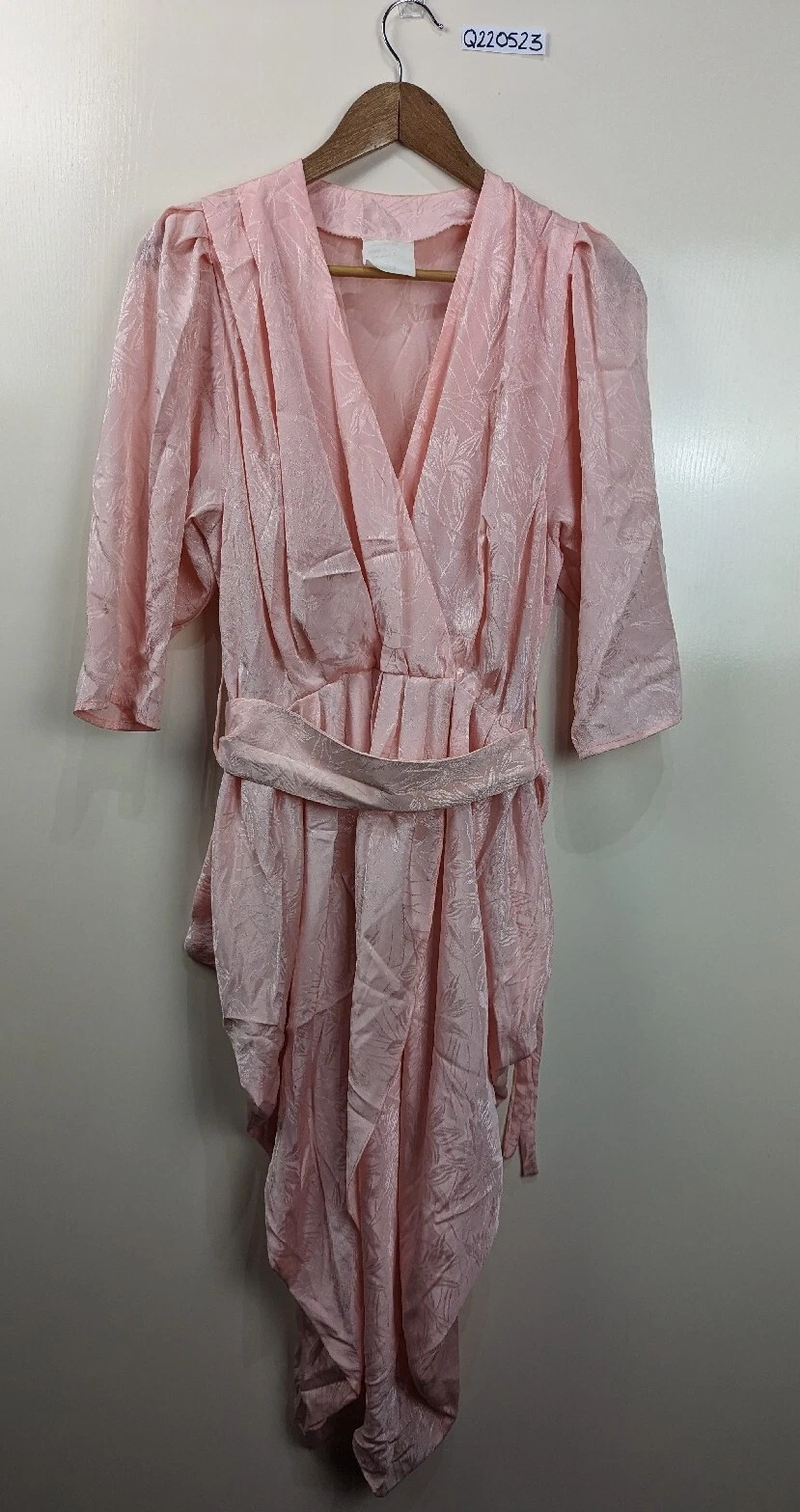 Vintage Pink Embossed Floral 80s Party Dress 3/4 Sleeve Belted Dress Size S/M