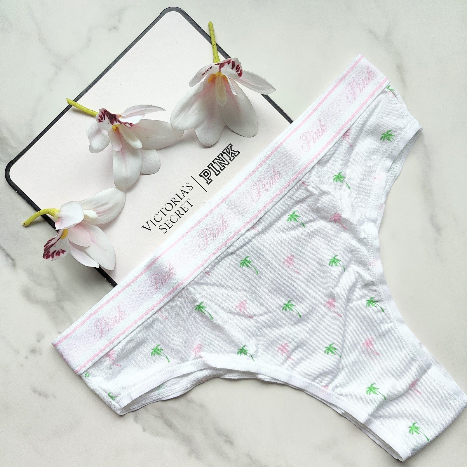 PINK Victoria's Secret Logo Cotton Smooth Brazilian Panty Optic White Palm