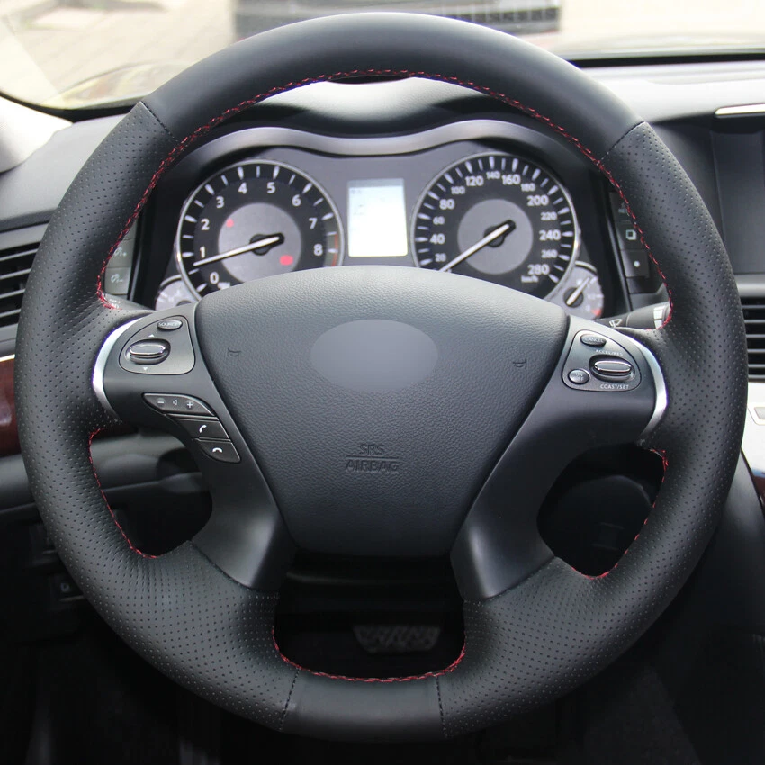 Black Leather Handsewing Car Steering Wheel Cover for Infiniti M M30 M35 M37 M56 - Image 2 of 4