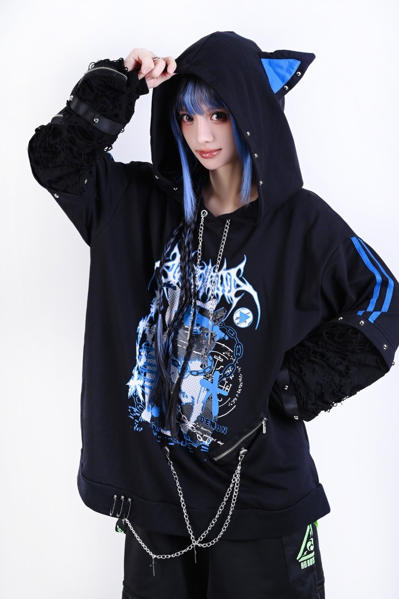 【EZKATON】24FW★ Grunge Patch Pigment Hoodie grunge pastel kawaii punk electronic cat removable sleeve