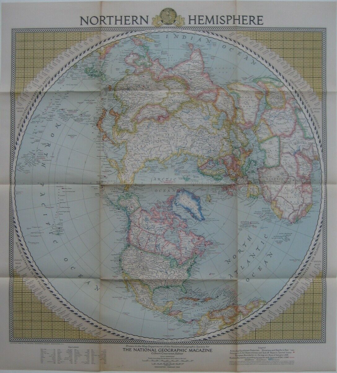 1946 Map NORTHERN HEMISPHERE Arctic Ocean North Pole Explorers Peary Byrd Alaska