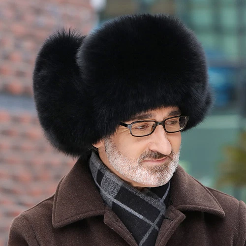 Men's Real Fox Fur Hat Russian Trapper Hat Ushanka Cossack Real Leather Ski Cap - Picture 2 of 11