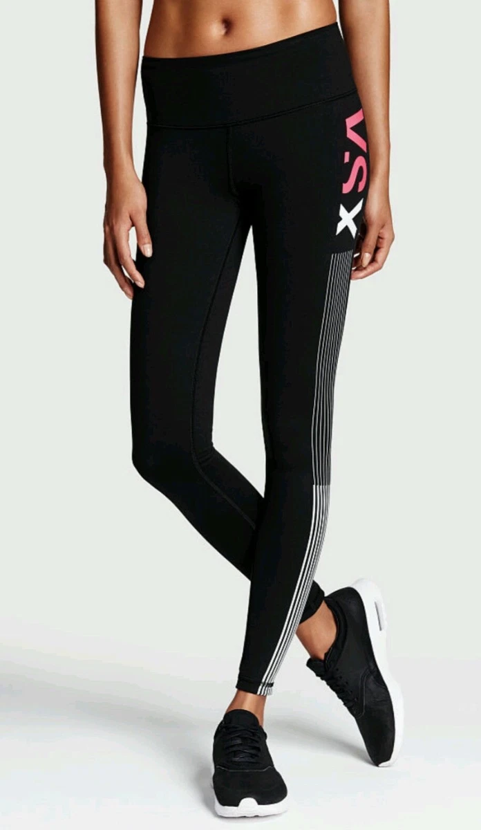 NWT VICTORIA'S SECRET SPORT WHITE STRIPE KNOCKOUT TIGHT YOGA BLACK