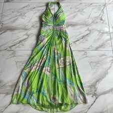 Morrell Maxie Green Beaded Draped Drop Waist Silk Mermaid Shell Maxi Dress 8