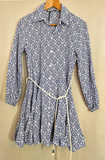 Zara XS Blue White Geometric Shirt Dress Short Collared Button Rope Belt