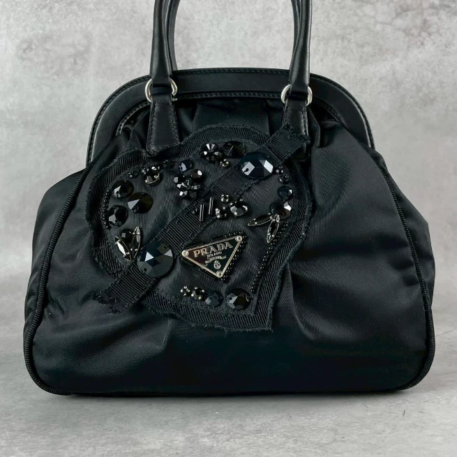 PRADA Evening Heart Women's Handbag Beaded Nylon Leather Black  Excellent - Image 2 of 4
