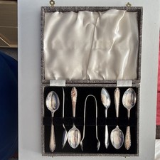 Vintage EPNS Silver Plate Spoons and Sugar Tongs in Fitted Case Boxed Set