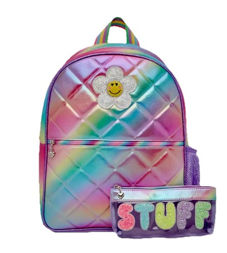 NEW OMG Accessories Kids Daisy Quilted Backpack & Stuff Pouch, Rainbow Ombré