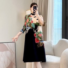 Fashion Printd Dress Pleated Large Size Skirt Women 3/4 Sleeve Party Floral New