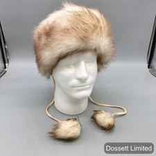 Vintage Faux Fur Hat Cap Strap Back Womens Small Brown Tan Fluffy Pom Pom 70s